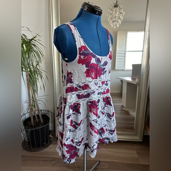 Intimately Free People Gray Red Floral Voile and Lace Trapeze Slip Dress XS - Picture 3 of 7